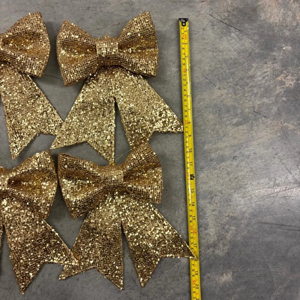 Set of 6 Gold Glitter Christmas Bow Ornaments 9